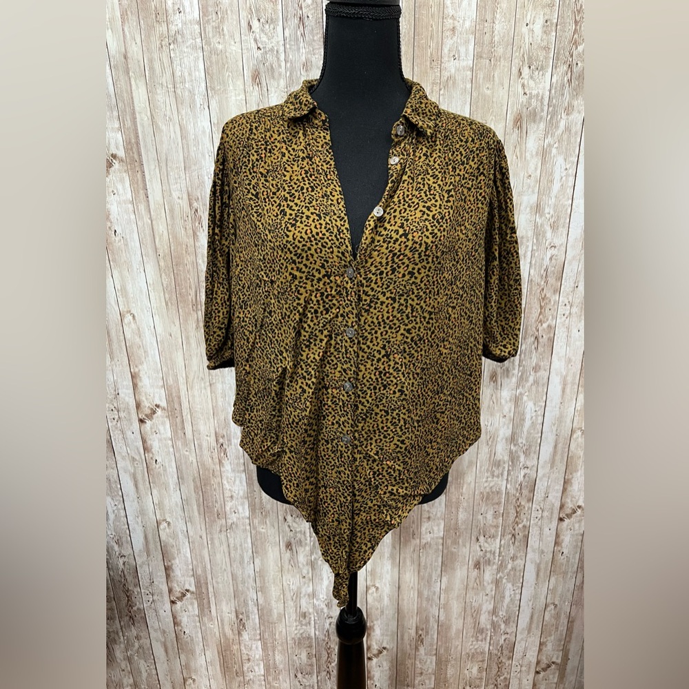 Free People Leopard Print Button Down Shirt‎ Oversized Boho Tie Front - Size M